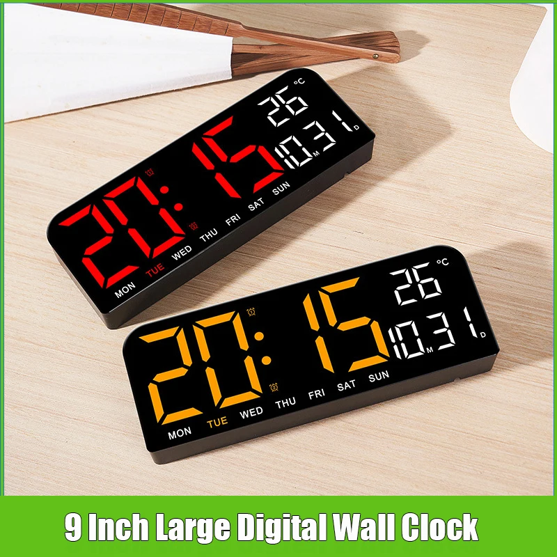 Digital Wall Clock 9 Inch Temperature Date Week Timing Countdown Brightness Adjustment Dual Alarms 12/24H LED