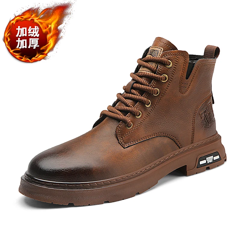 

2023Men's new style autumn and winter retro lace-up boots men's zipper work shoes thick-soled waterproof warm boots high quality