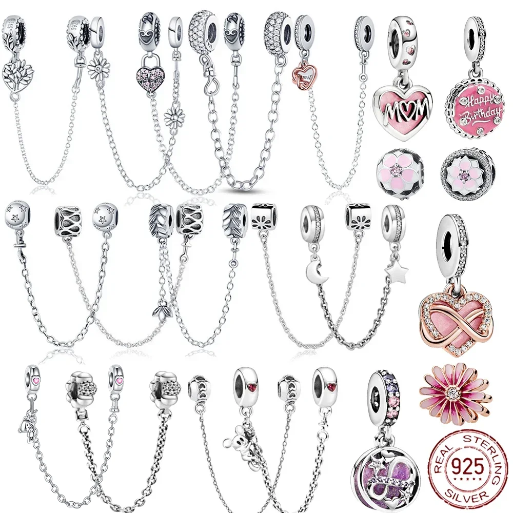 925 Sterling Silver 9 Models Zircon Safety Chain Charms Bead Fit Pandora 925 Original Bracelets Bead Dangle Women Jewelry