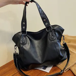 Big Black Shoulder Bags for Women Shopper Bag Solid Color Quality Soft Leather Crossbody Handbag Lady Travel Tote Bag