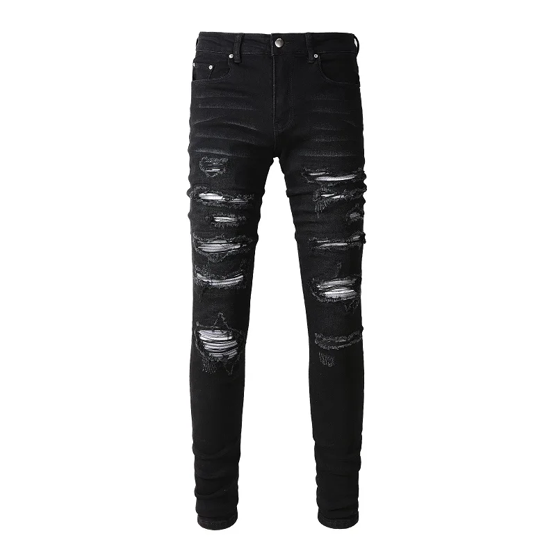 

Men's Black Distressed Bandanna Patchwork Holes Repaired Skinny Stretch Moustache Slim Fit Ripped Jeans Men