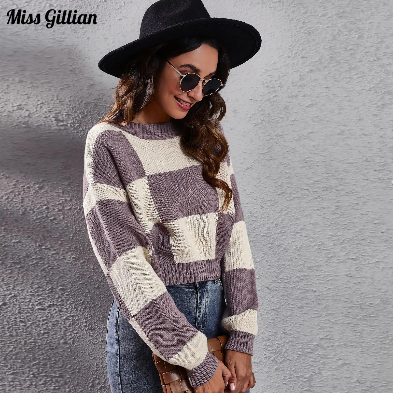 

Plaid Pullover Women Long Sleeve Cropped Sweater Streetwear Outfits Vintage Autumn Winter Loose Knitted Sweater New In Knitwears