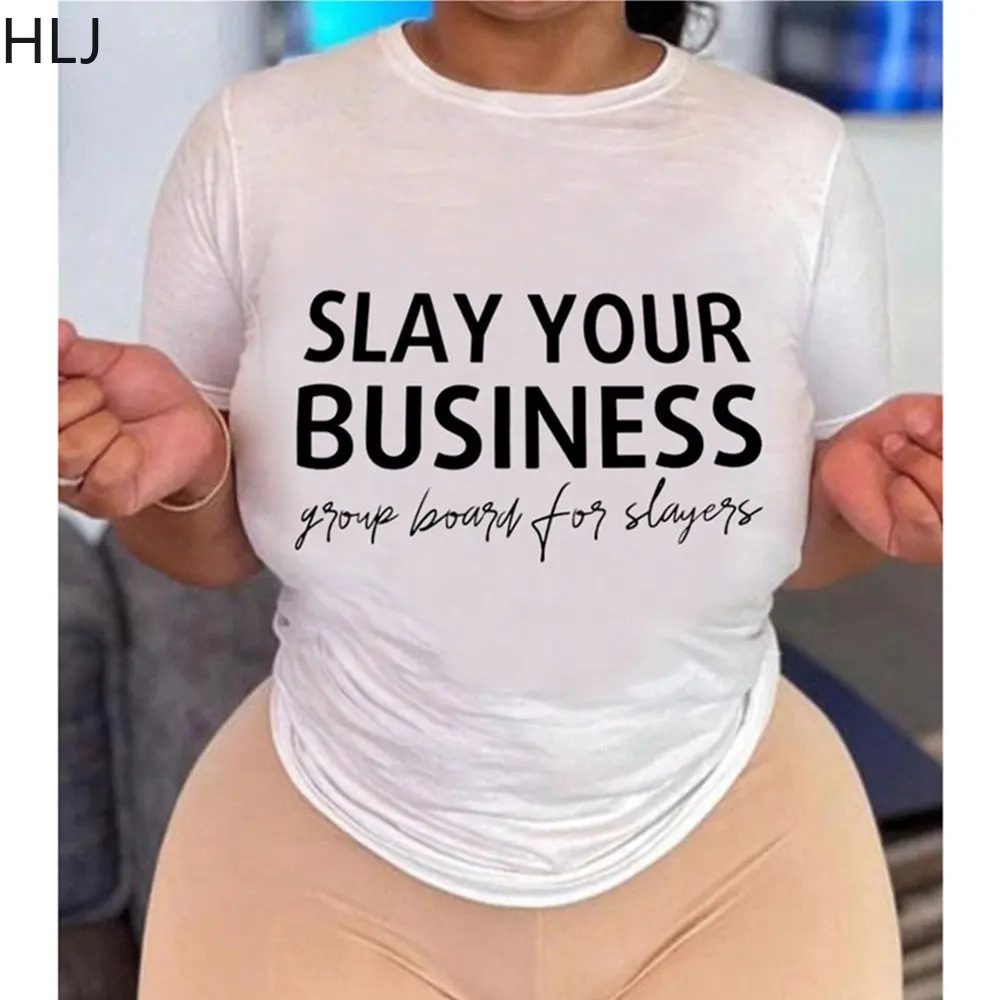 

HLJ White Women Letter Print Tshirt Casual Round Neck Short Sleeve Slim Tops Summer Solid Color Streetwear Female Clothing 2023