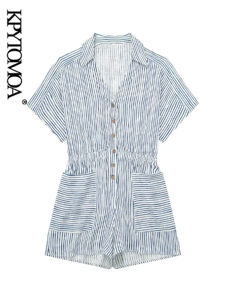 

KPYTOMOA Women Fashion With Pockets Front Button Striped Playsuits Vintage Short Sleeve Elastic Waist Female Jumpsuits Mujer