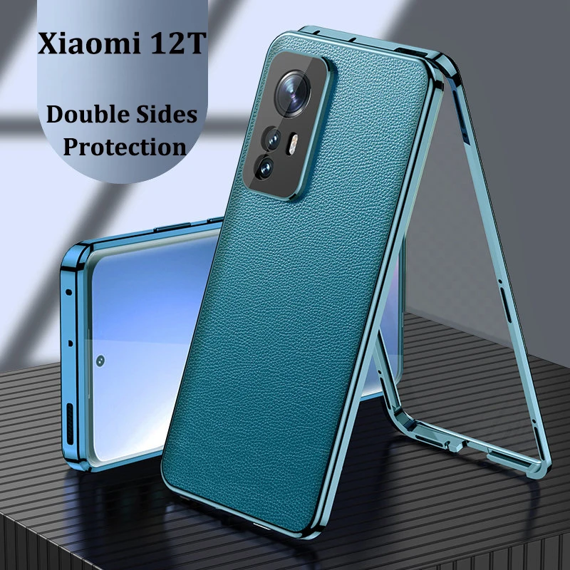 360 Full Protection Metal Bumper Clear Front Glass Case For Xiaomi 12T Xiaomi12T with Back PU Leather Skin Cover Phone Protector