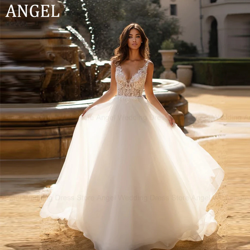 

ANGEL Charming Lace Wedding Dresses 2024 Backless V Neckline Appliqued Bridal Gowns Beaded Vestidos De Novia Custom Made