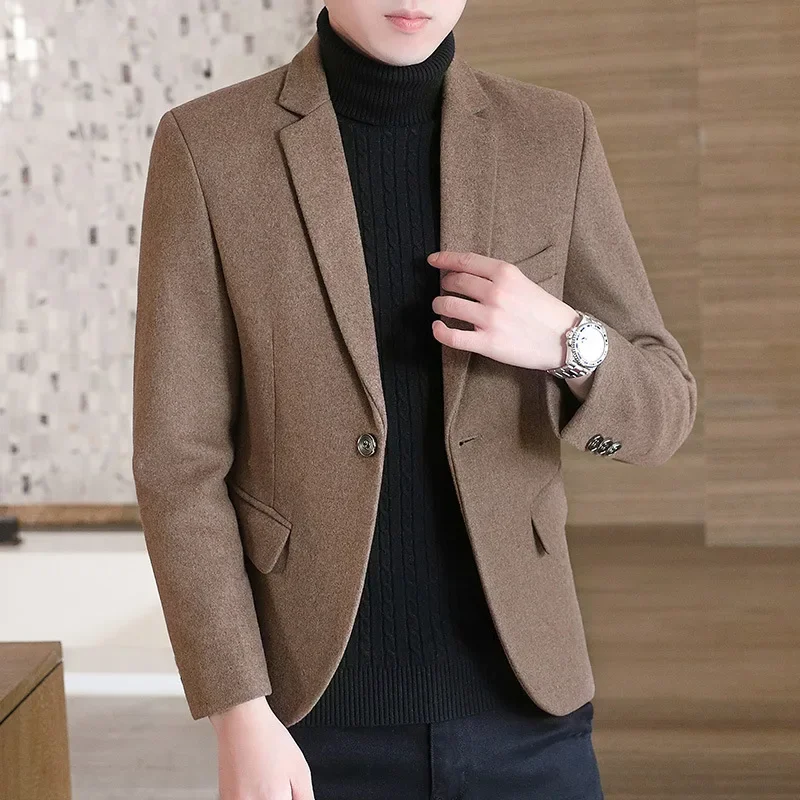 

HOO 2024 Men's Woolen Short Winter Fleece-lined Thick blazer Woolen Leisure blazer