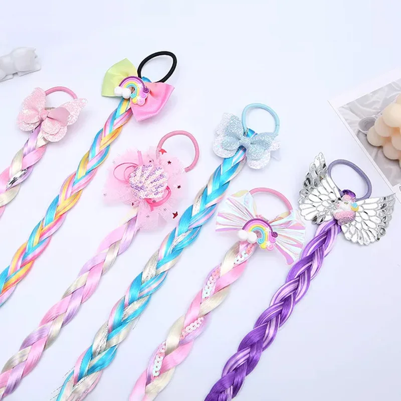 Baby Cute Wigs Ponytail for Kids Girl Candy Cartoon Unicorn Butterfly Bow Ponytail Hair Ornament Rubber Bands Headwear Braid
