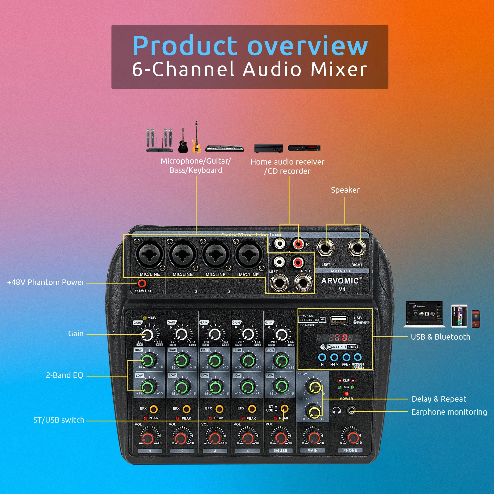 Audio Mixer 6 Channel Audio Mixer V4 USB Bluetooth Function Delay Effect 2-Band EQ Home Recording Karaoke