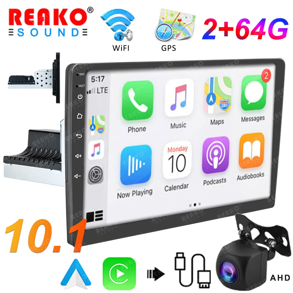 

REAKOSOUND 2+64G 1 Din 10'' Android 12 Car Multimedia Player Carplay GPS Navigation BT Car Audio Wifi USB FM MirrorLink Stereo