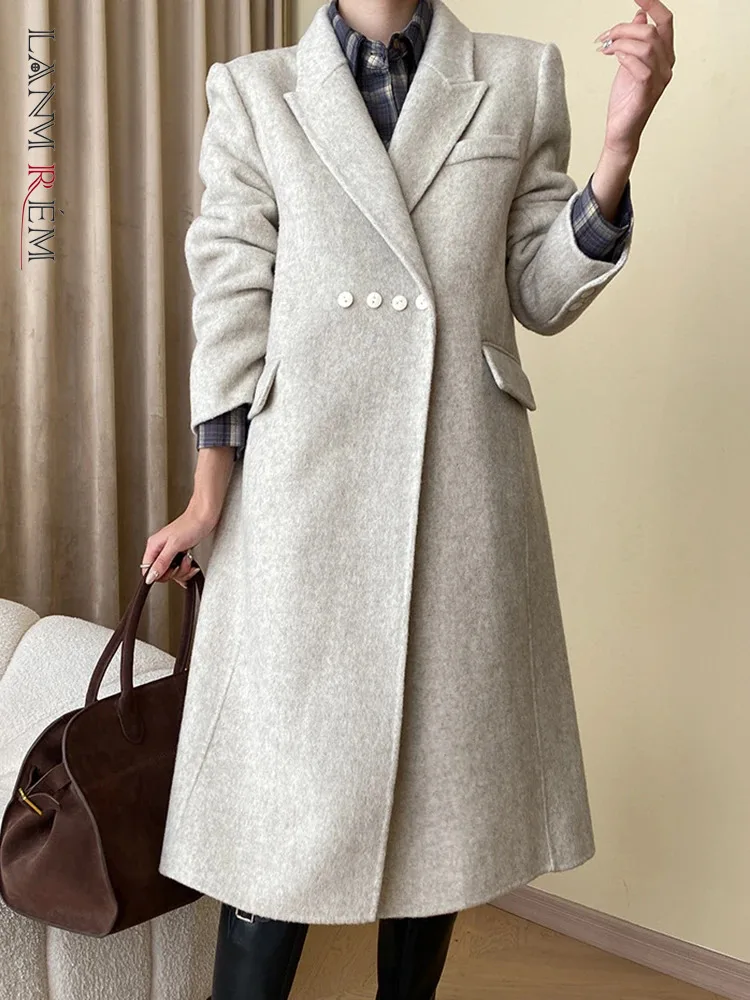 

[LANMREM] Elegant Button Design Wool Coats For Women Notched Long Sleeve Warm Female Outwear Fashion 2023 Winter New 26D7361
