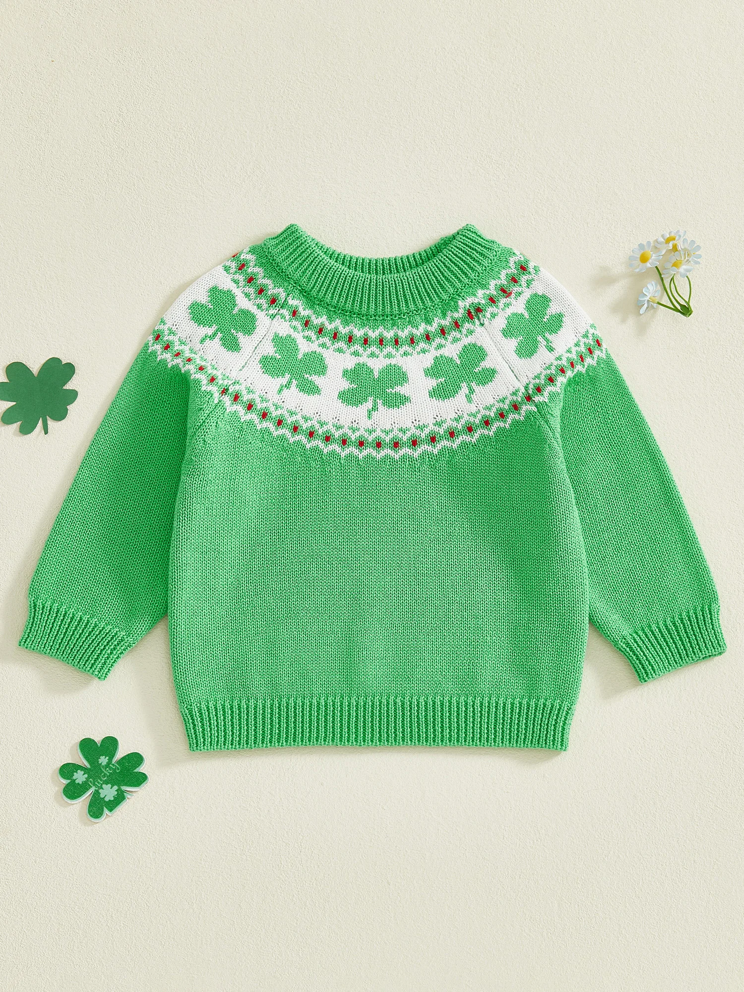 Infant Toddler Cable Knit Sweater with Adorable Shamrock Embroidery Stylish Crew Neck and Long Sleeves for a Fashionable Look