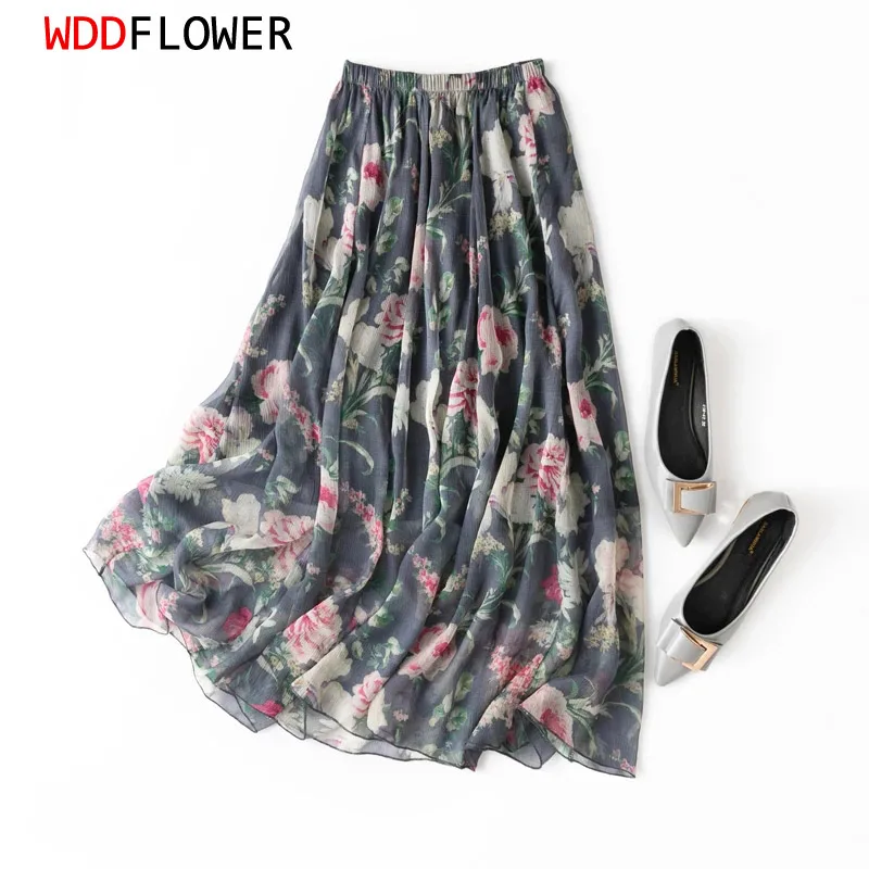 

Women's 100% Mulberry Silk crinkle silk 2- layes Floral Printed Midi Skirt Summer Beach MM211