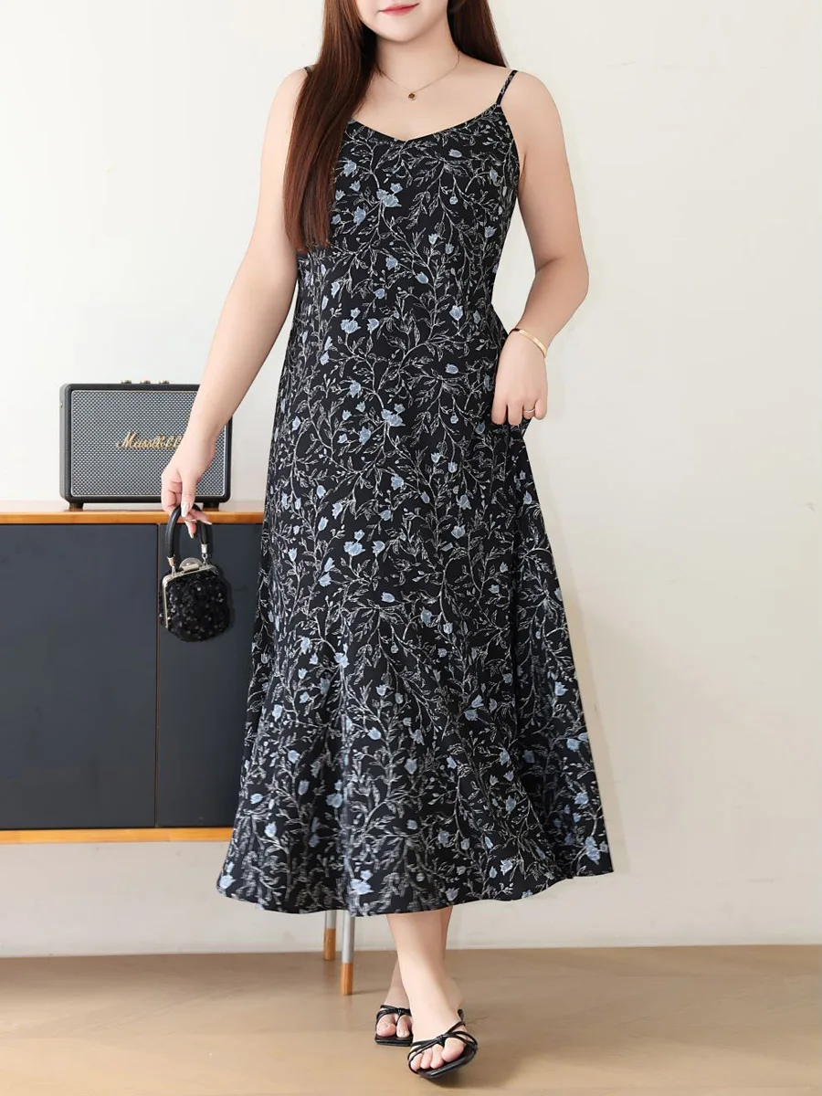 Bluebell Flower French Commuter V-neck Dress Plus Size Women Premium Simple And Elegant Chic Spaghetti Strap A-Line Dresses 8975