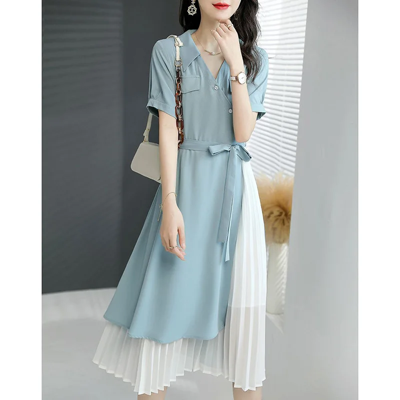 

Elegant V-Neck Spliced Loose Bandage Bow Folds Midi Dress Women's Clothing 2023 Summer New Fake Two Pieces Pleated Long Dress