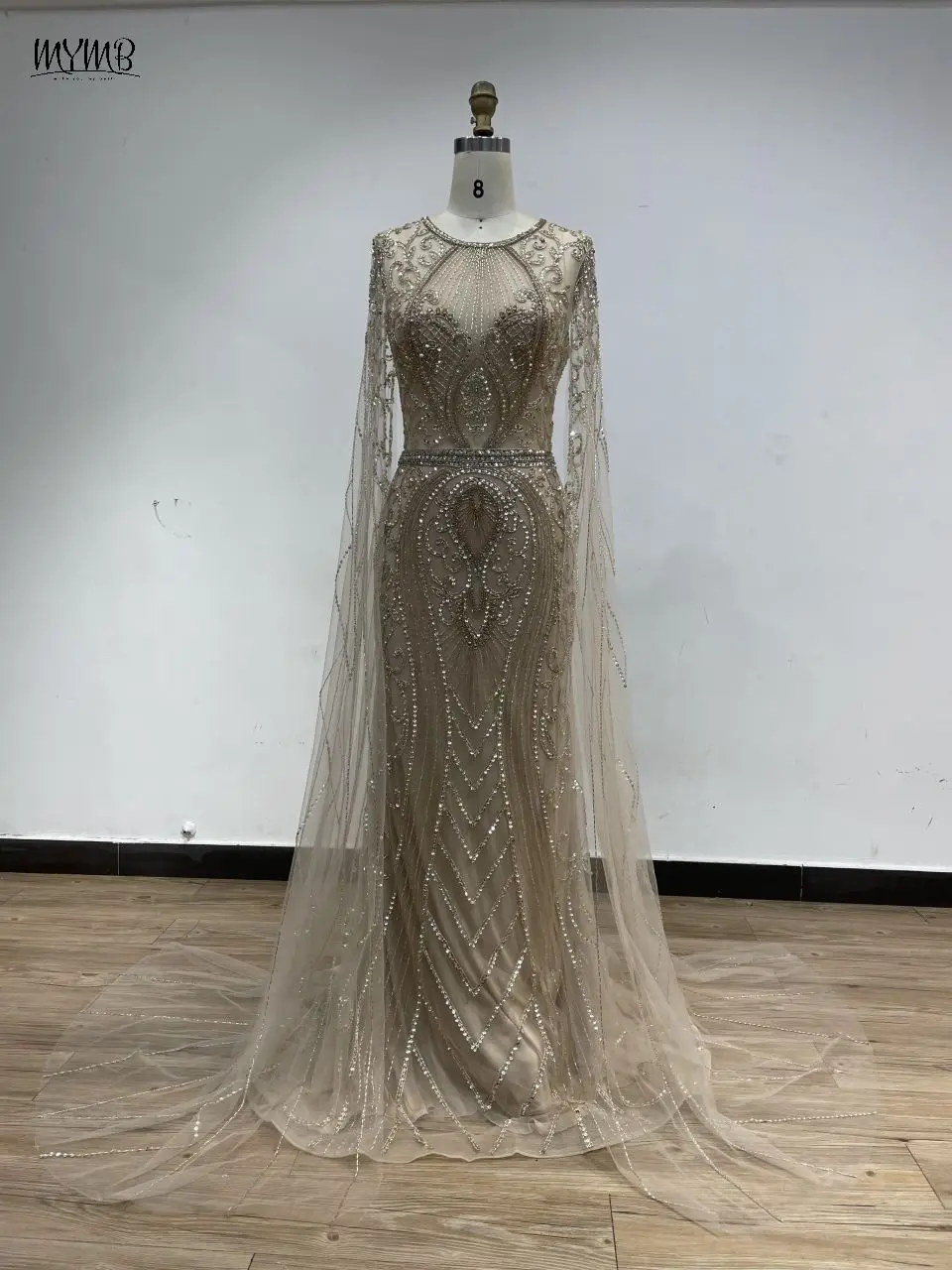 MYMB Silberne Haute Couture-Abendkleider mit U-Ausschnitt und Cape-Ärmeln für Frauen, Hochzeit, Party, 2024, luxuriöse Perlen-Meerjungfrau-Abschlussballkleider – Detail 9