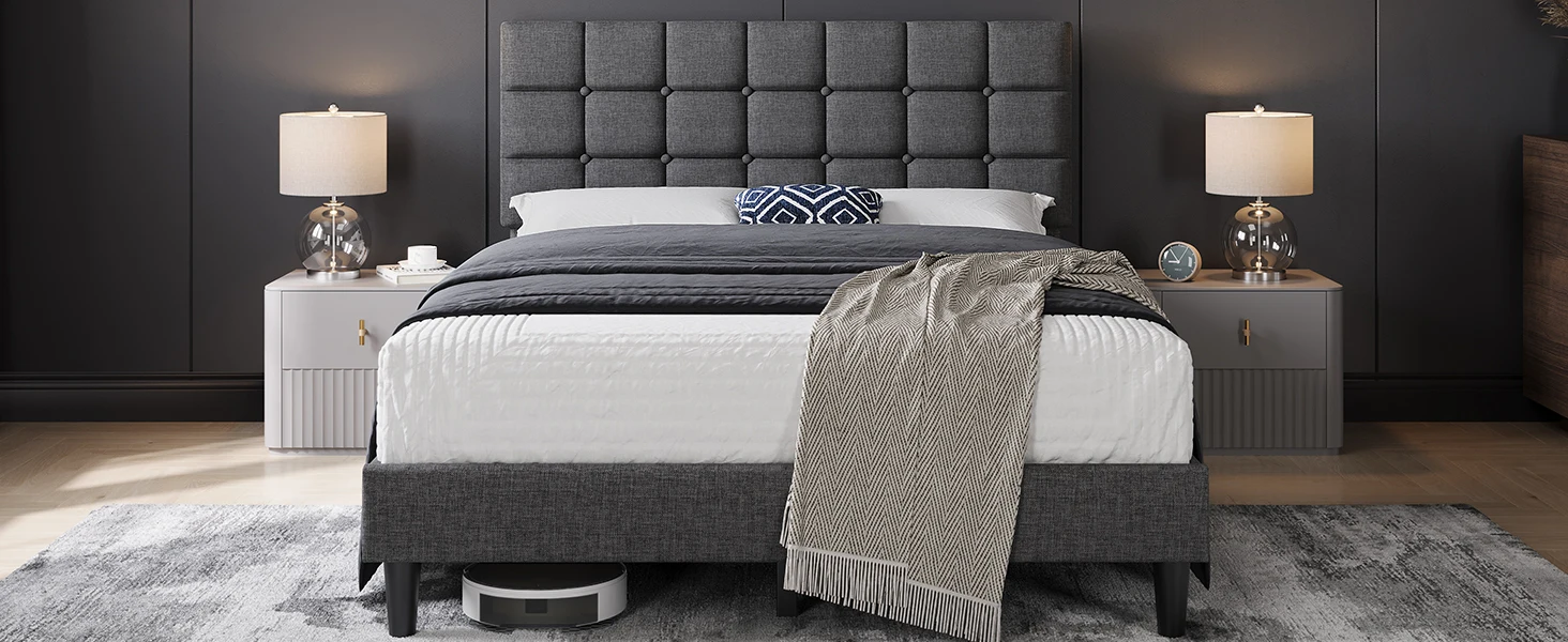 Upholstered Bed Frame with Square Tufted Headboard, Strong Wooden Slats Support Height Adjustable