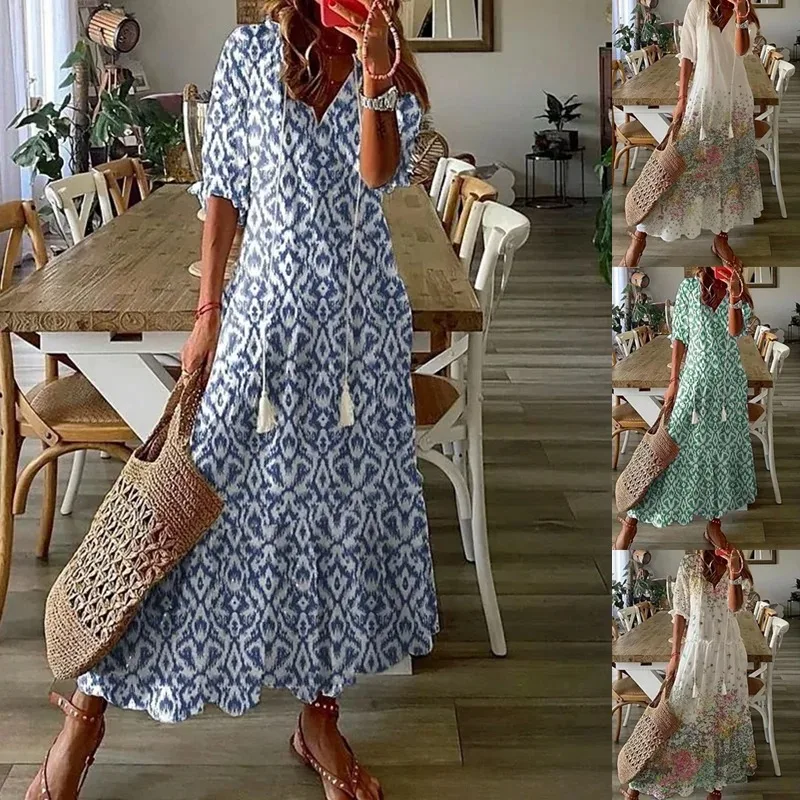 

Summer Loose Long Dress Women Casual V Neck Half Sleeve Floral Dress Female New Bohemian Drawstring Holiday Beach Dress Vestidos