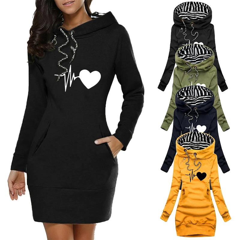 

Women Casual Dress Long Sleeve Hoodie Fashion Printed Hooded Jumper Pockets Sweater Tops Dress