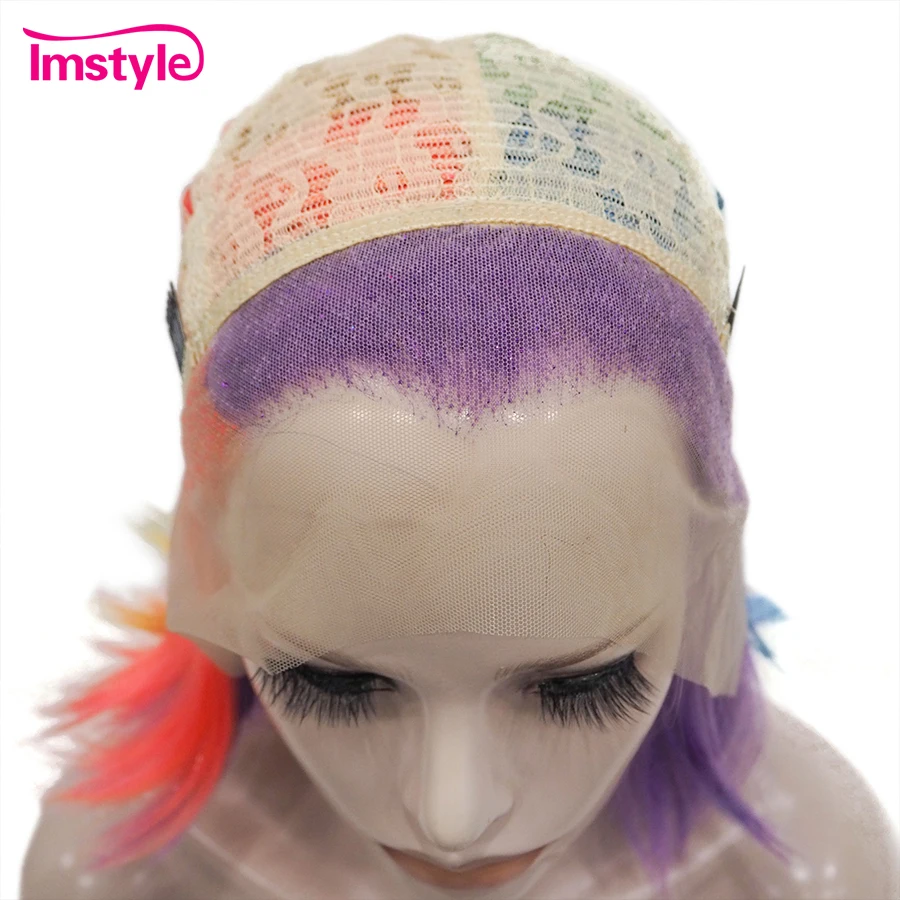 Imstyle Short Bob Wig Colorful Synthetic Lace Front Wig Tinsel Mixed Purple For Women Cosplay Party Heat Resistant Fiber