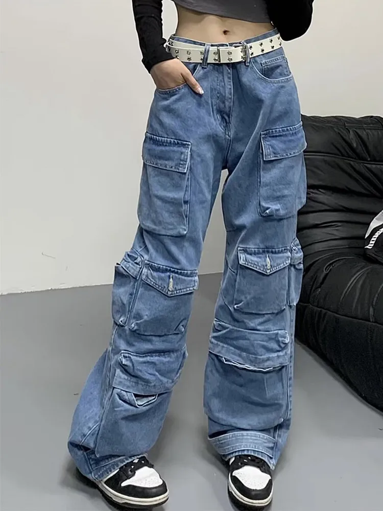 

2000S Clothes Y2K Streetwear Washed Blue Baggy Cargo Jeans Pants For Women Multi Pockets Straight Hip Hop Wide Leg Lady Trousers