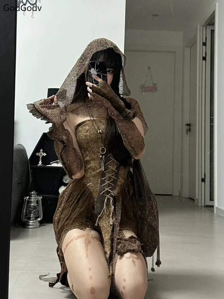 Spring Gothic Brown Vintage 3 Piece Set Women Sexy Lace Y2k Party Mini Pants Suit Female Korean Fashion Retro Designer Outfits 3