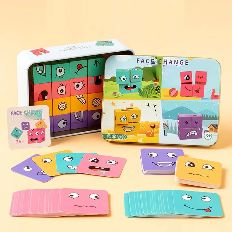 Cube Face Changing Building Blocks Board Game Wood Puzzle Montessori Expression for Children Battle Table Game