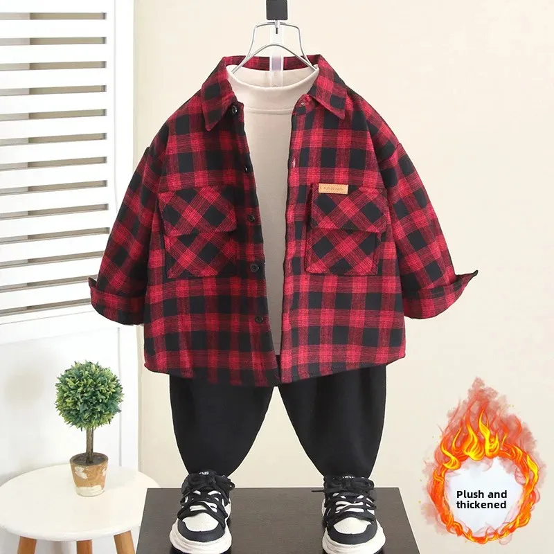 Thickened Fleece Lined Plaid Shirt for Baby Boys Autumn Winter Kids Clothes Integrated Fleece Baby Outfit New Hot Sale Of The Se