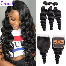 

Crissel 5X5 Transparent Lace Closur Loose Deep Wave Bundles Peruvian Hair Bundles with Closure Human Hair Bundles with Closure