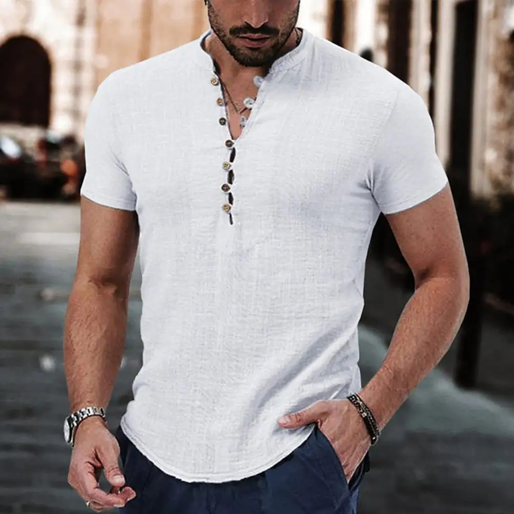 

Рубашка мужская с V-образным вырезом и пуговицами, тонкая сорочка с коротким рукавом, Тонкая Повседневная однотонная хлопковая льняная одежда, лето