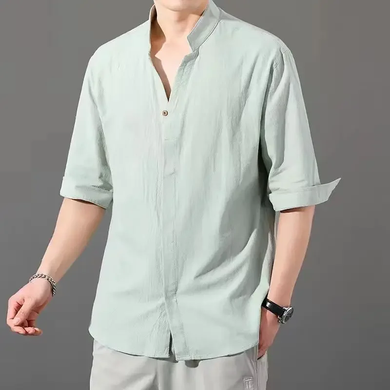 

Men's Shirt with Pocket Linen Green Male Shirts Social Cheap Things Free Shipping Hipster Korean Style Fashion Man 2024 Summer I