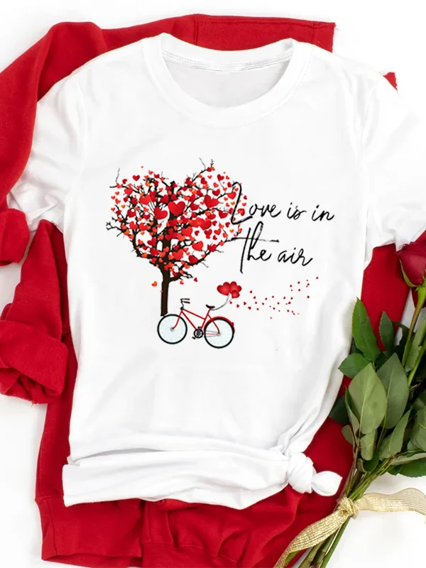 

Love Is in The Air Slogan Female T-shirt Romantic Cherry Tree Love Bicycle Print Lover Shirt 2024 Hot Sale Valentine's Day Tee