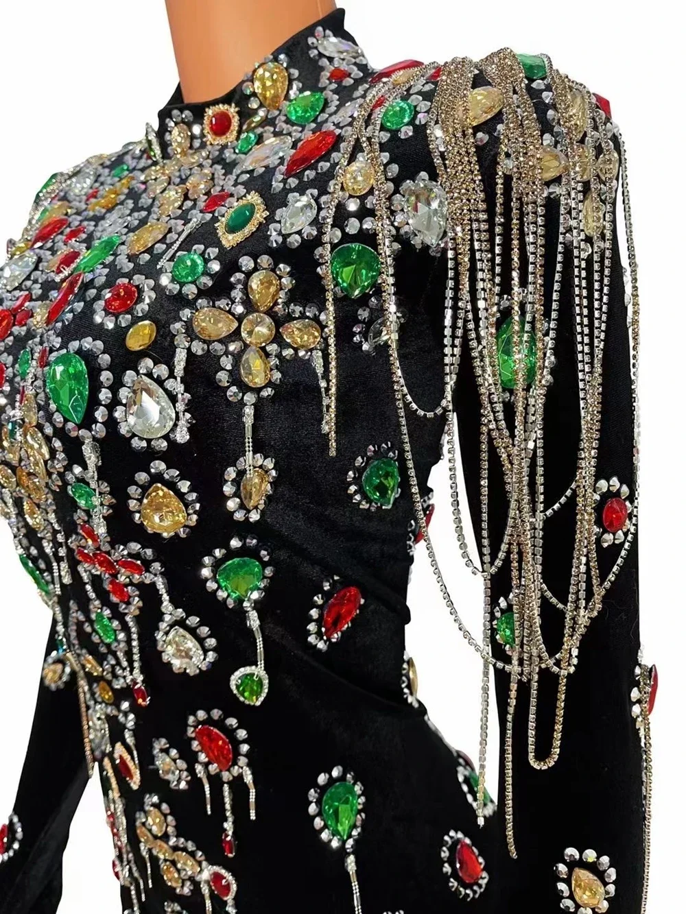 Multi-color Crystal Rhinestones Chain Velvet Short Dress Evening Party Birthday Dress Sexy Performance Show Costume Stage Wear