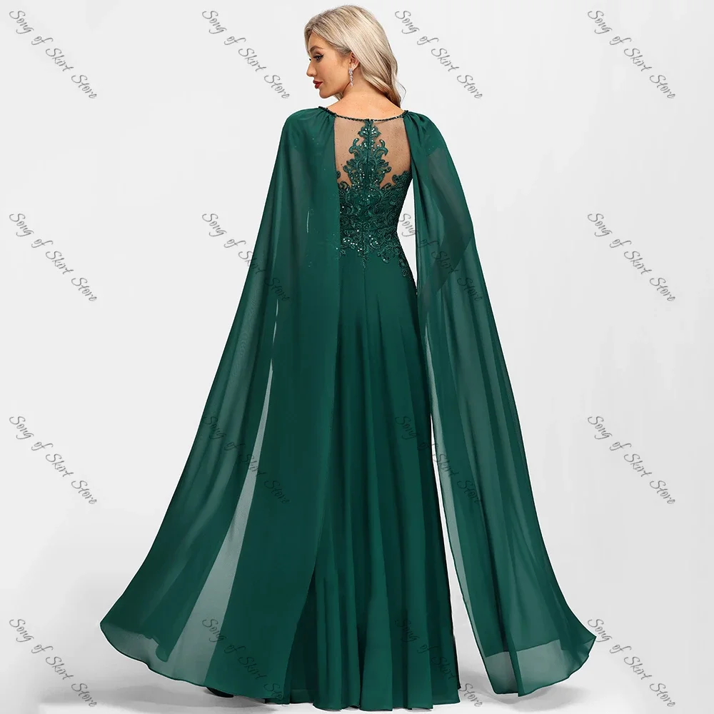 O-Neck A-Line Emerald Mother of the Bride Dresses Side Slit Lace Appliques Sequined Chiffon for Wedding Guest Prom Gowns Mom mother bride dresses