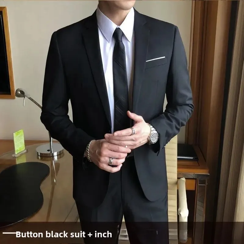 One button black suit + shirt + pants + tie belt