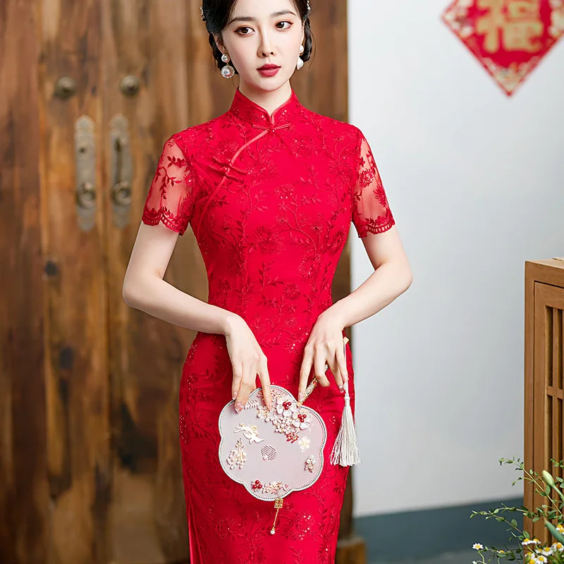

2023 New Red Lace Engagement Qipao Mid-length Chinese Style Cheongsam Wedding Toast Clothing Chinese Traditional Cheongsam