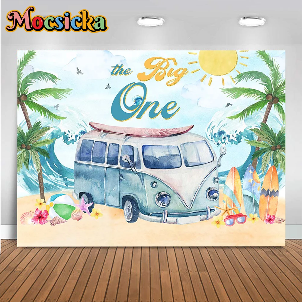 The Big One Boy Baby Shower Decor Fondale Beach Tavola Da Surf Palm Tree Blue Bus Seaside Background Prop Neonato Compleanno Photozone