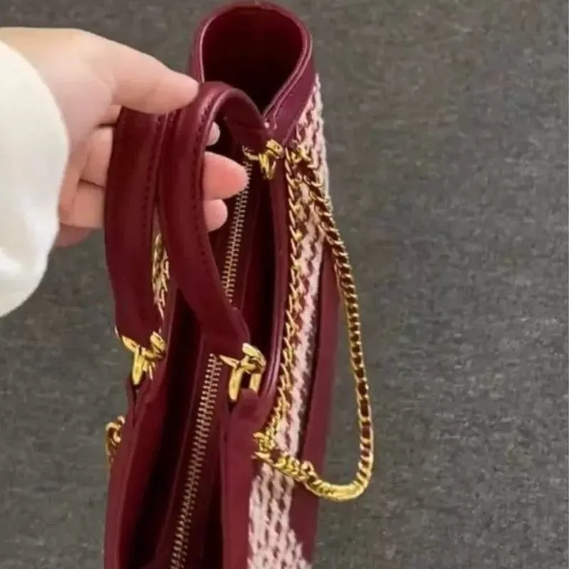 Red Chain Houndstooth Tote Bag Women Chain Patchwork Large Capacity Shoulder Bag Ladies High End Luxury Design Crossbody Bag New