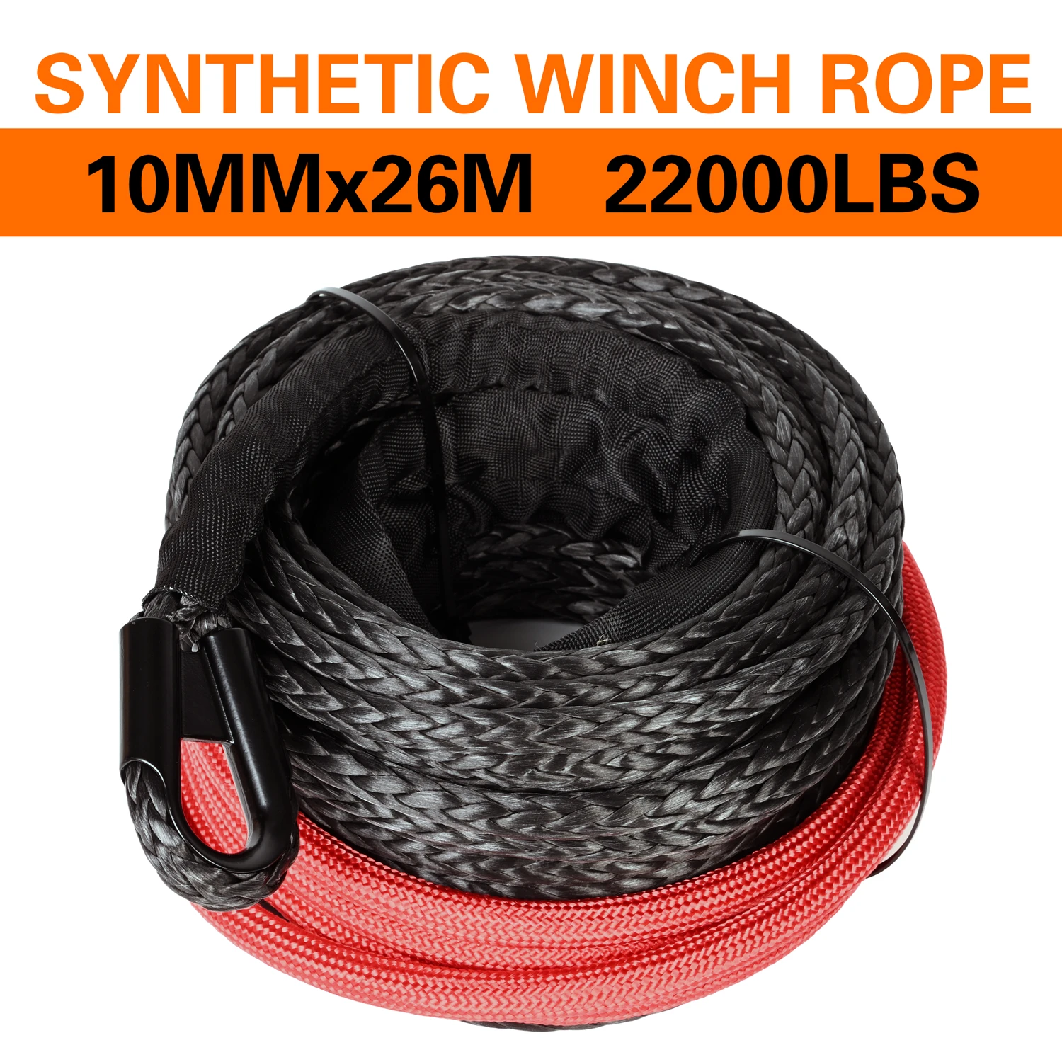 boshili 10mm x 26m 22000LBs Synthetic Winch rope Cable Rope with Black Protecing Sleeve for ATV