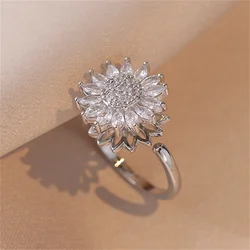 Luxury Rotating Big Sunflower Rings For Women Antique Gold Silver Color White Zircon Index Finger Ring Daisy Wedding Bands Gifts
