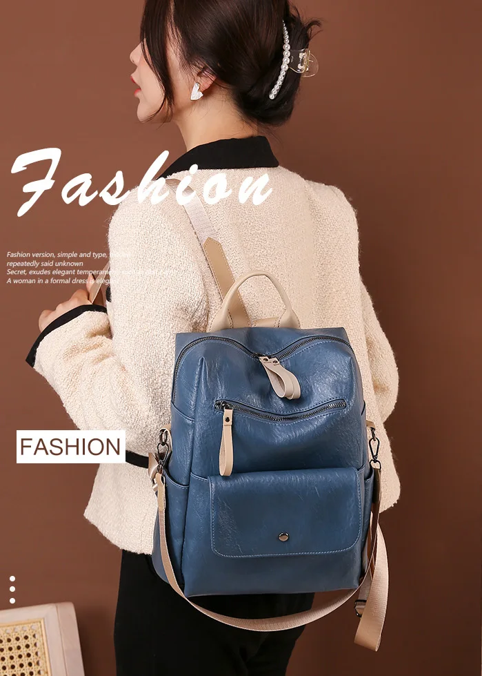 New PU Female Backpacks Teenage Girls School Bags Fashion Women Leather School Backpack Solid Ladies Laptop Bags Blue Travel Bag