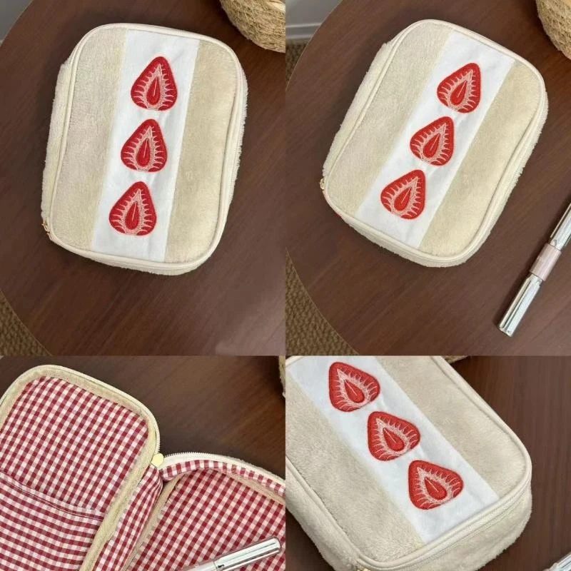 1Pc 귀여운 수 놓은 딸기 연필 케이스 휴대용 편지지 펜 상자 다기능 대용량 ..