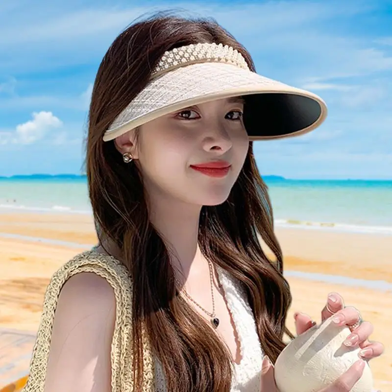 Empty Top Sun Hat Wide Brimmed Adult Sunscreen Visor Hat Adult Sunshade With Pearl Accent Hair Band Style Black Rubber