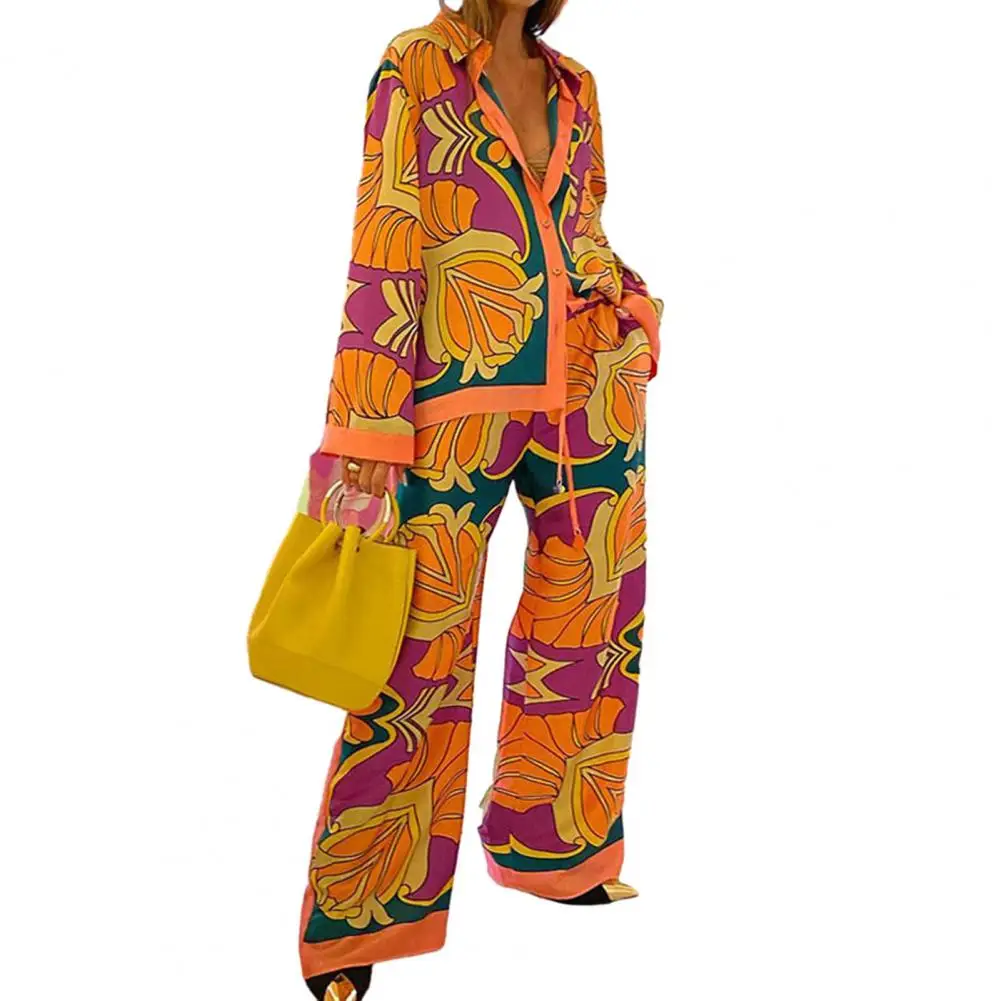 

Breathable Slacks Suit Vibrant Ethnic Style Ladies Shirt Pants Suit Wide Leg Exaggerated Pockets High Elastic Waist Youth