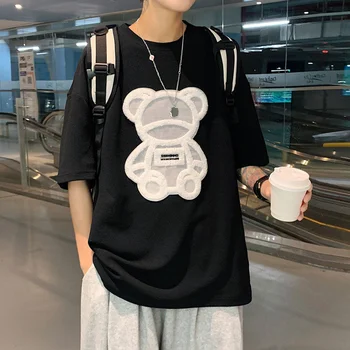 Privathinker Flock Printing Bear Men's T-shirt Short Sleeve Oversized Brand Male Tops Summer Casual Unisex Tees Korean Clothing 1