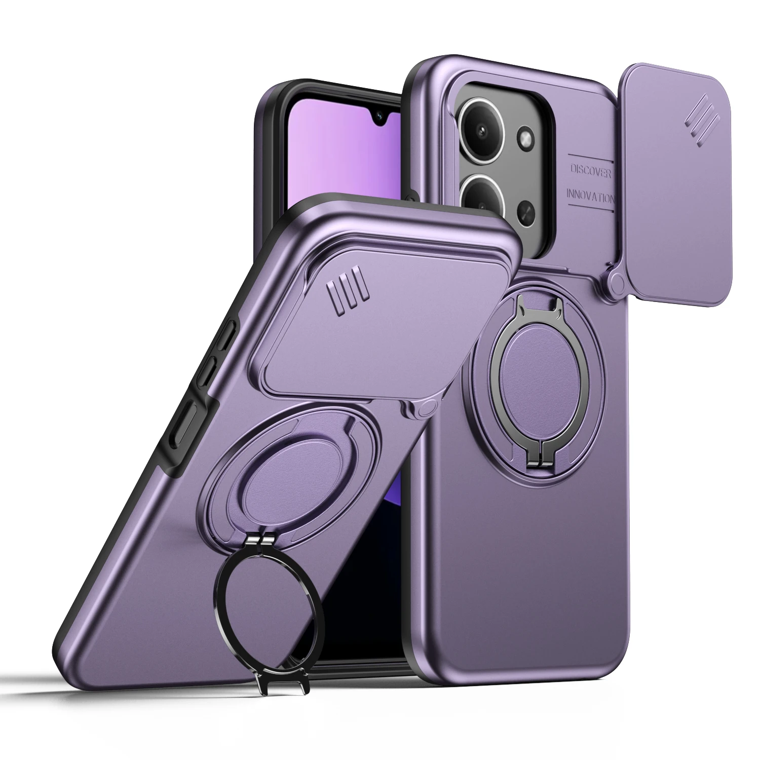 Shockproof Sliding Camera Cover Case with Metal Ring Stand and TPU Frame - Armor Series