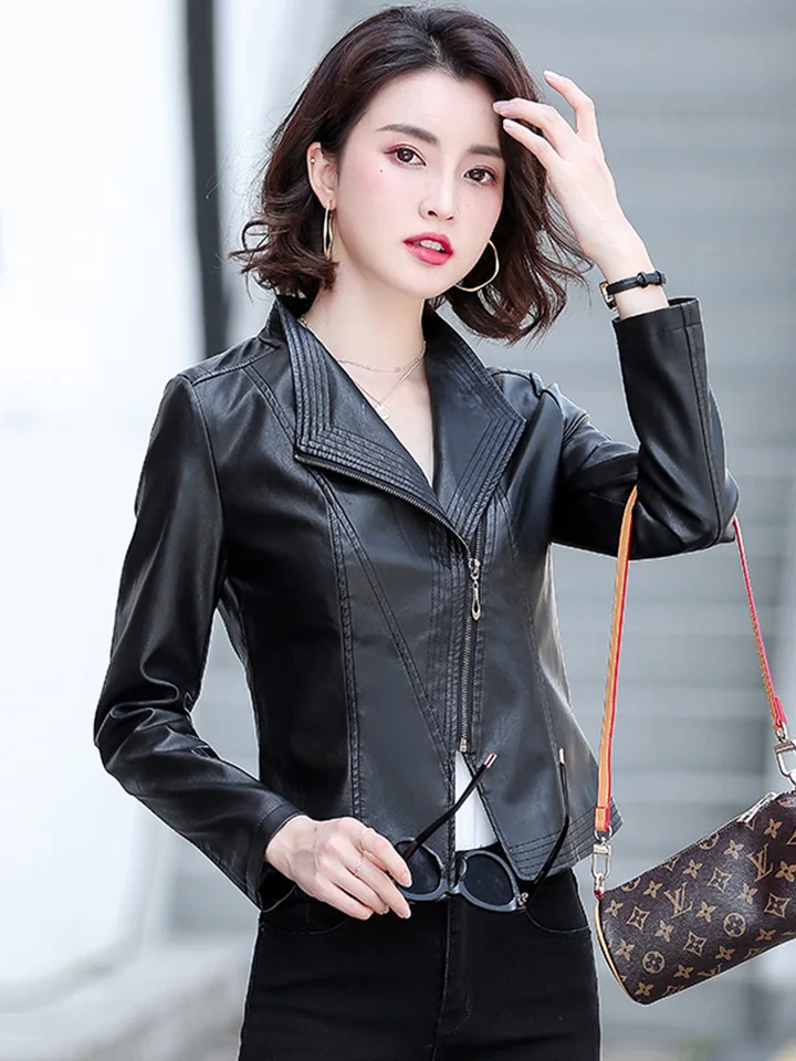 ICON Chaqueta De Piel Sintética Y2k Con Cremallera Y Bloques De Color Estilo Bikercore