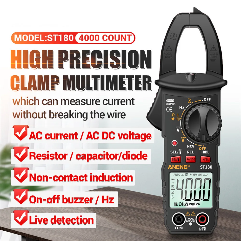 ST180 Digital Clamp Meter Multimeter Tester 4000 Counts Amp Ohm Volt Meter Measures AC/DC Voltage Capacitance Resistance