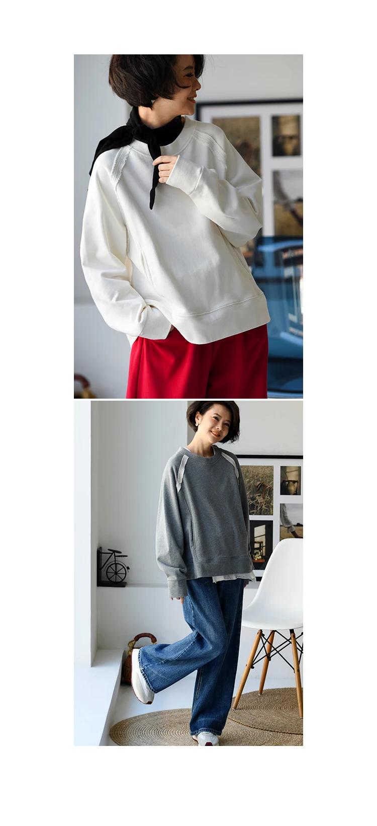 R67261 Korean Style Versatile Outer-Stitched Round Neck Raglan Sleeve Slimming Pure Cotton Pullover Sweatshirt for Women 25 Spring