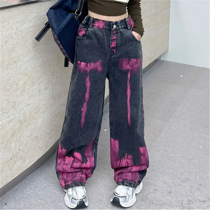 Jeans à jambes larges pour filles, pantalons tehonneur par graffiti, style coréen unique, mode adolescente, printemps, automne, offres spéciales, fjl, 2025